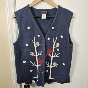 Southern Lady Sweater Vest Women Vintage Denim Blue Cardinal Winter Snow Retro L